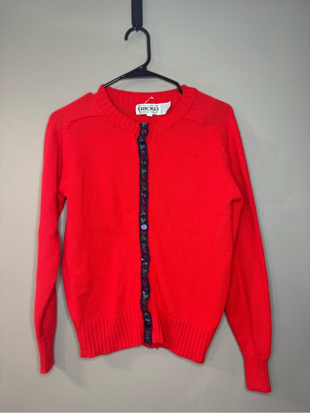 Ricki Vintage Red Button-Front Women's Sweater with Strawberry Detail Trim